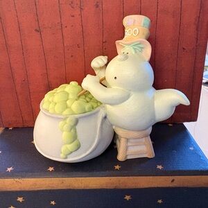 Vintage Halloween George Green Ghost Figurine with Cauldron